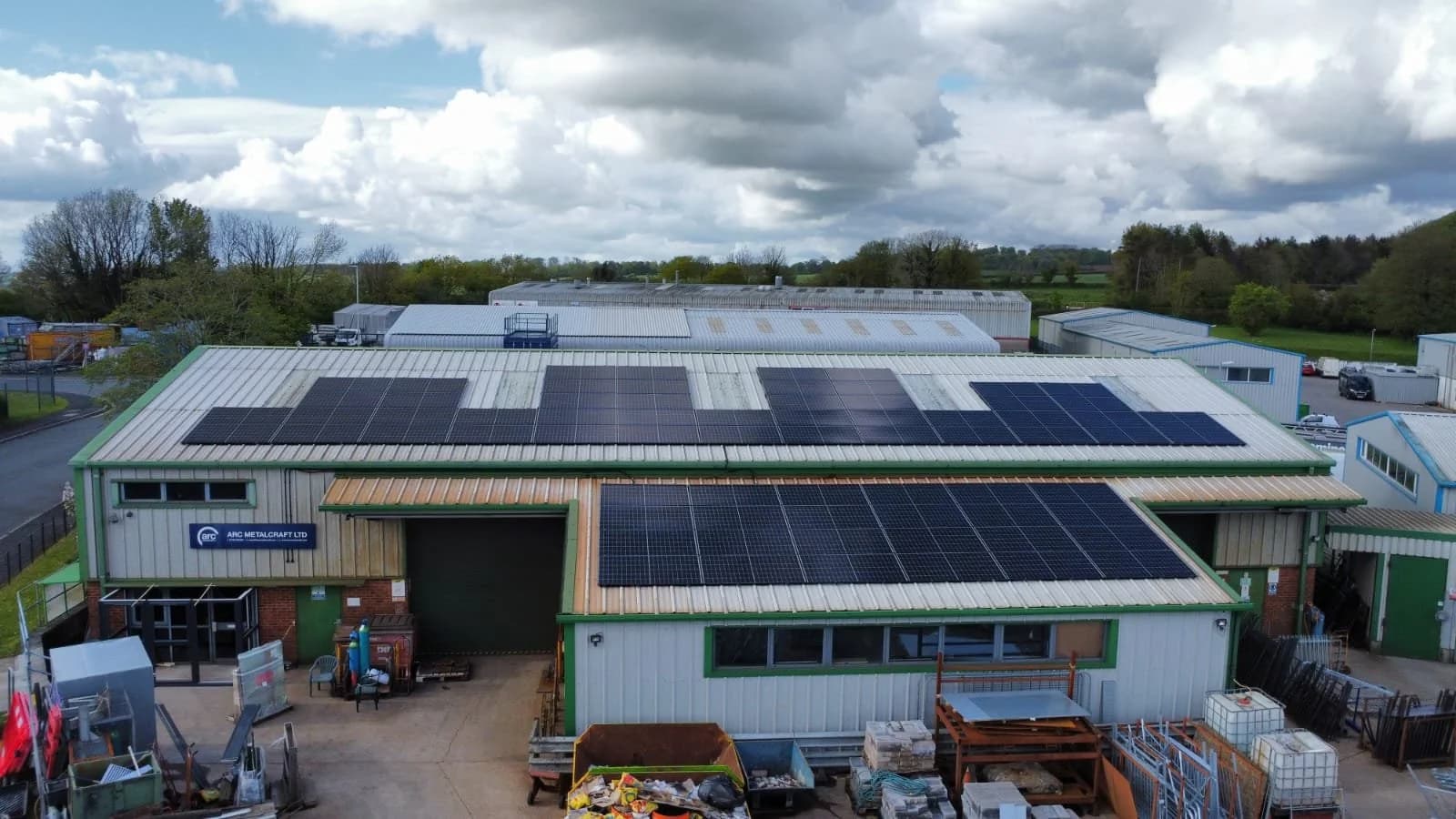 Aerial view of the Arc Metalcraft workshop in Plymouth with solar panels across its roof