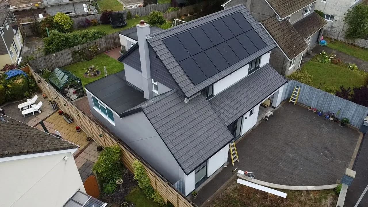 Aerial view of the Little Fancy Close home and garden with its solar panels